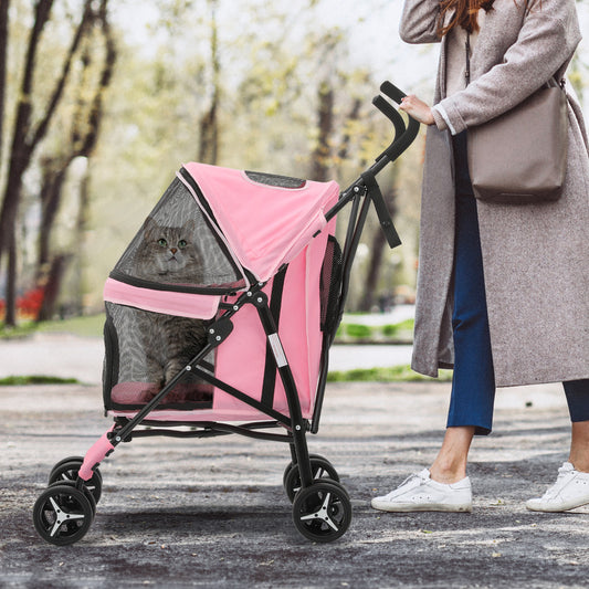 Foldable Pink Dog Stroller with Adjustable Canopy & Breathable Mesh