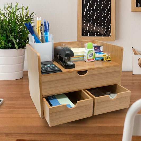 Bamboo Desk Organizer with Drawers 3-Tier Storage Solution