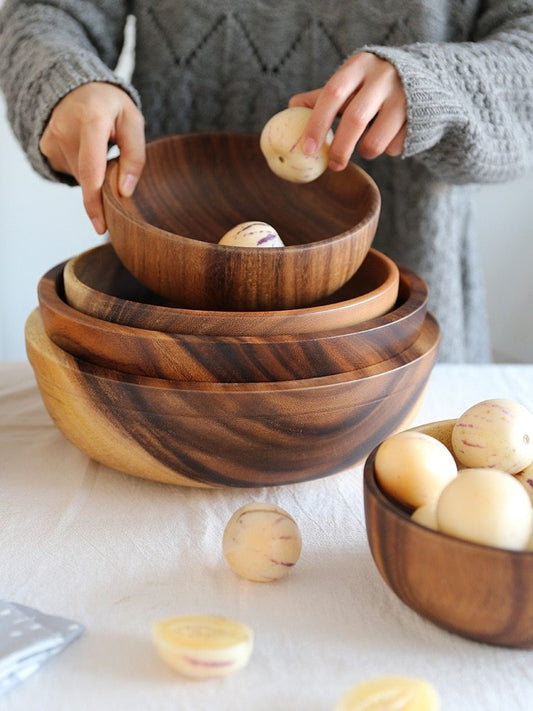 Handcrafted Acacia Wooden Bowls Set 5 Sizes Included