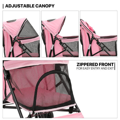 Foldable Pink Dog Stroller with Adjustable Canopy & Breathable Mesh