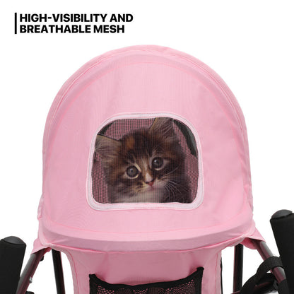 Foldable Pink Dog Stroller with Adjustable Canopy & Breathable Mesh