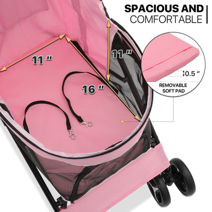 Foldable Pink Dog Stroller with Adjustable Canopy & Breathable Mesh