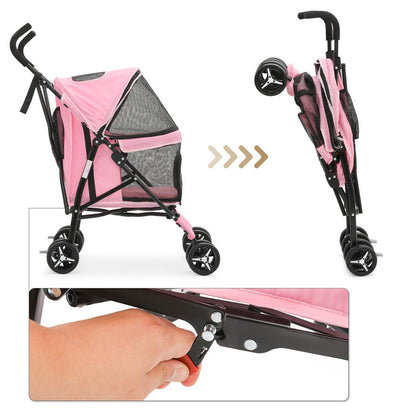 Foldable Pink Dog Stroller with Adjustable Canopy & Breathable Mesh