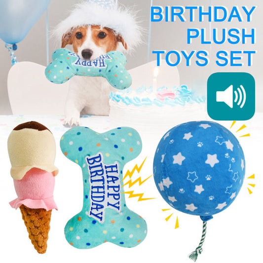 3-Pack Plush Dog Birthday Party Toys Squeaky Chew Treats