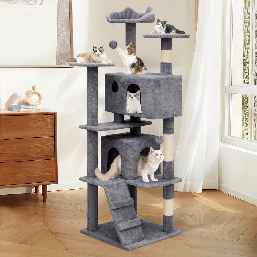 60" Cat Tree Tower with Multi-Level Condos and Scratching Posts