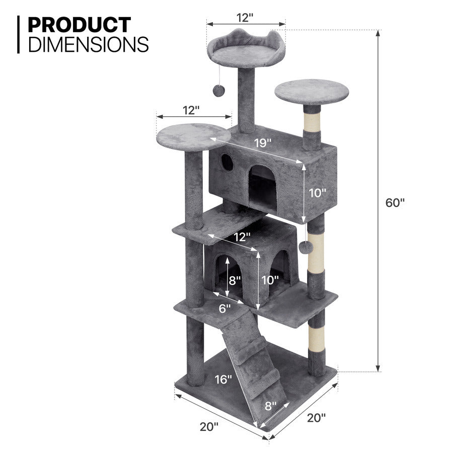 60" Cat Tree Tower with Multi-Level Condos and Scratching Posts