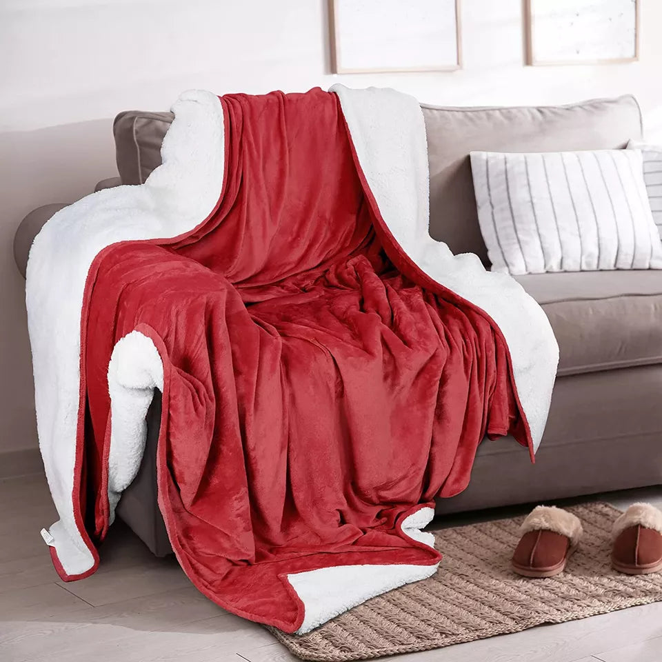 Red Plush Reversible Sherpa Fleece Blanket Twin Size